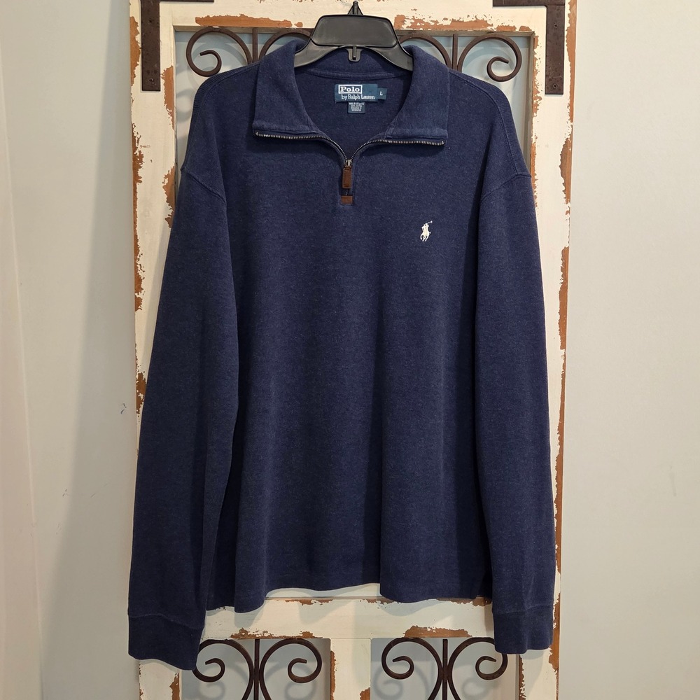 Polo Ralph Lauren Mens Large Navy Blue Quarter Zip Cotton Pullover Sweater L